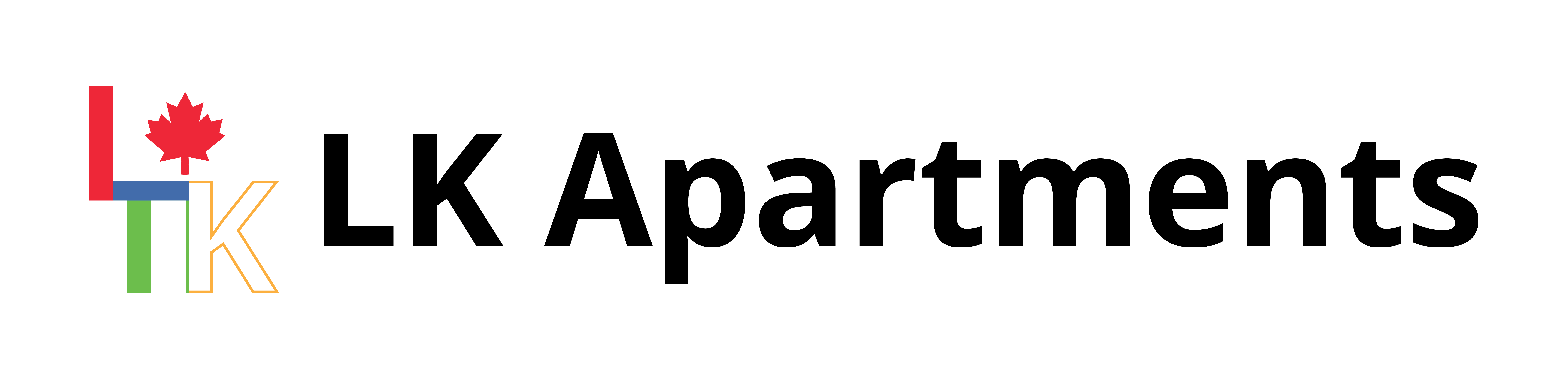 The image shows a logo with the text "LK Apartments" and a graphic element that includes a red maple leaf, a green square, and a yellow rectangle.